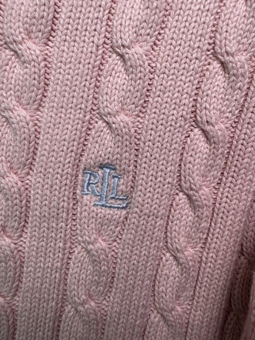 VTG Ralph Lauren Womens Cotton Cable Knit Crew Neck Sweater RLL Logo Pink L - Picture 5 of 14